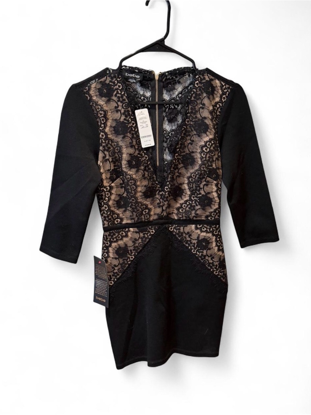 bebe Black Lace-Overlay V-Neck Tunic with Nude Underlay